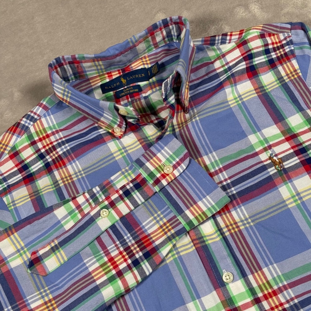 Ralph Lauren Button Down Shirt Mens Small Blue Plaid Slim Fit Stretch Oxford